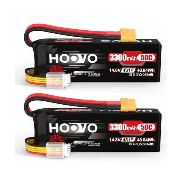 HOOVO Lot de 2 batteries RC 50C 14,8 V 3300 mAh 4S avec connecteur XT60 pour voiture radiocommandée, bateau, camion, truggy R