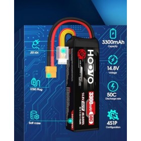 HOOVO Lot de 2 batteries RC 50C 14,8 V 3300 mAh 4S avec connecteur XT60 pour voiture radiocommandée, bateau, camion, truggy R