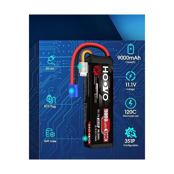 HOOVO 3S Batterie Lipo 11,1V 9000mAh 120C SoftCase Lipo Batterie avec Prise EC5 Batterie RC pour Voiture RC Camion hélicoptèr