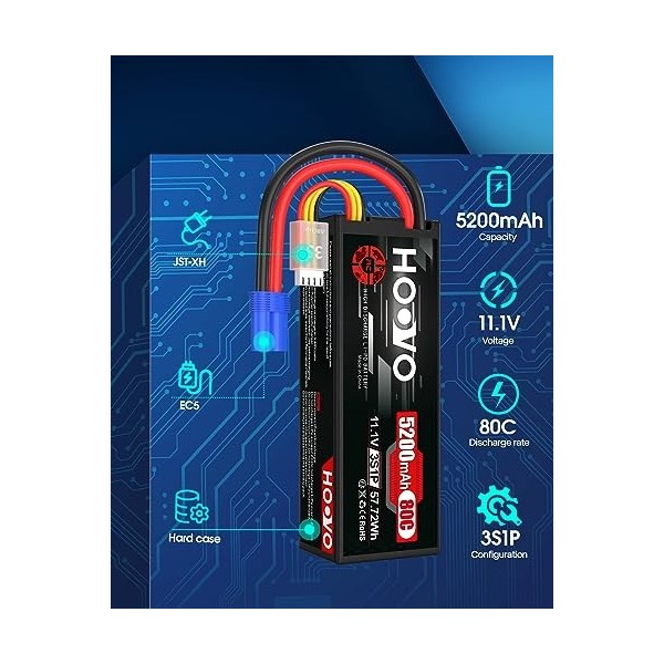 HOOVO 11,1V Lipo Batterie 3S 5200mAh 80C Boîtier Rigide Batterie RC Batteries avec Connecteur EC5 pour RC Échelle Hélicoptère