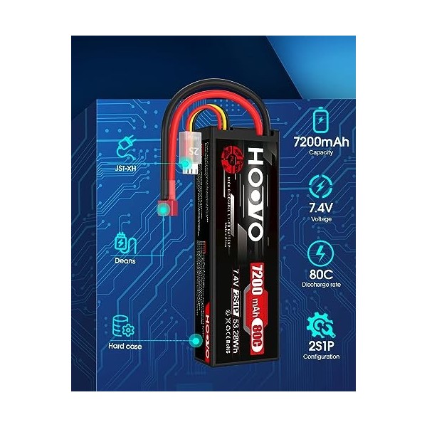 HOOVO 2S Batterie LiPo 7,4 V 7200 mAh 80 C RC Batterie Étui Rigide avec Prise en T Batterie de Remplacement pour Voiture RC C