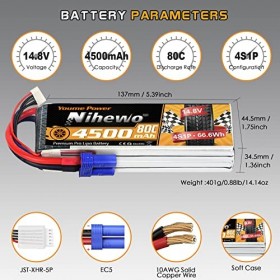 Nihewo 4s Lipo Batterie 14,8V RC Batterie 4500mAh 60C avec EC5 connecteur Compatible avec Arrma Axial Losi 1/8 Échelle RC Voi