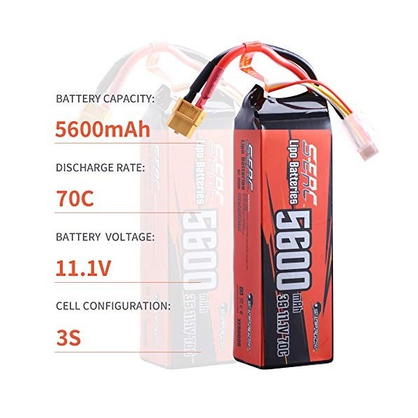 Sunpadow Batterie LiPo 11,1 V 3S 5600 mAh 70 C avec connecteur XT60 pour véhicules RC - Pour véhicules RC - Réservoir de cami
