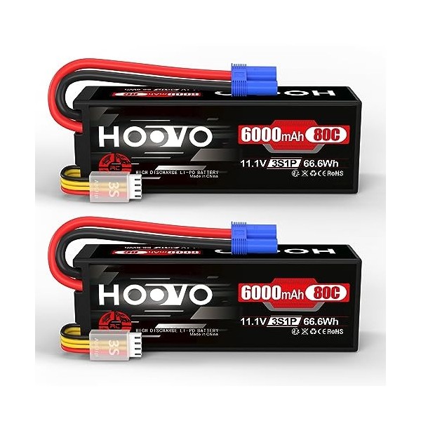 HOOVO Batterie RC 3S Lipo Batterie 11,1 V 6000 mAh 80 C Batterie avec connecteur EC5 pour véhicules RC à échelle 1/8 1/10, Vo