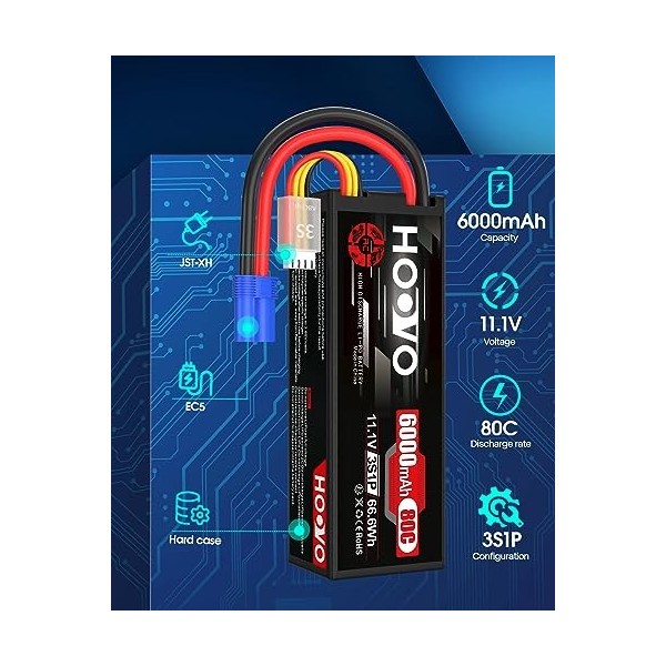 HOOVO Batterie RC 3S Lipo Batterie 11,1 V 6000 mAh 80 C Batterie avec connecteur EC5 pour véhicules RC à échelle 1/8 1/10, Vo