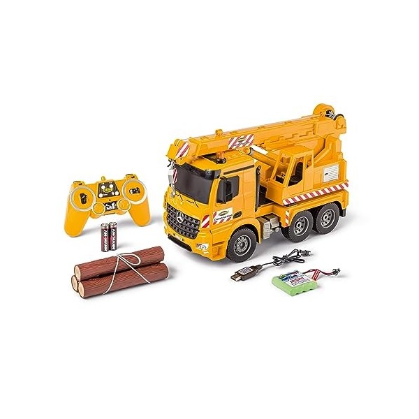 Carson 500907666 1:20 MB Arocs Camion-Grue 100% RTR - Véhicule télécommandé, Camion avec Fonctions Son et lumière, Batteries 