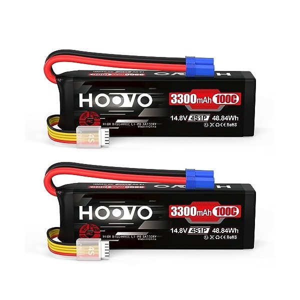 HOOVO Lot de 2 batteries RC 100 C 14,8 V 3300 mAh 4S avec fiche EC5 pour RC voiture, bateau, camion, truggy RC Hobby