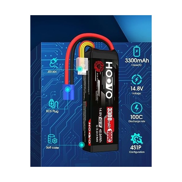 HOOVO Lot de 2 batteries RC 100 C 14,8 V 3300 mAh 4S avec fiche EC5 pour RC voiture, bateau, camion, truggy RC Hobby