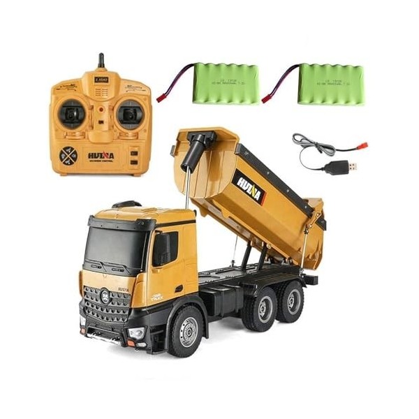 MODELTRONIC Camion Dumper Professionnel radiocommandé HUINA 1573 2.4G 1:14 échelle avec 2 Batteries lumières LED et Sons/Cami