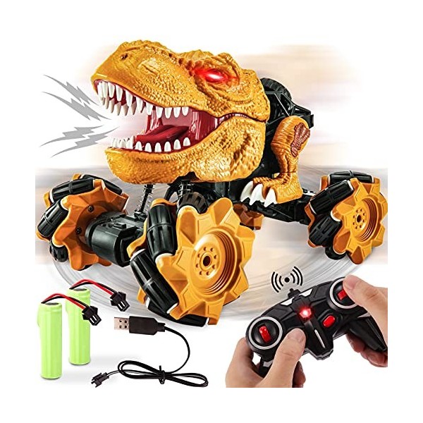 BUYGER Dinosaure Telecommandé Voiture Enfant Jouet, 4WD RC Camion 2.4GHz Véhicule Hors Route Radiocommandé, 2 Piles Rechargea