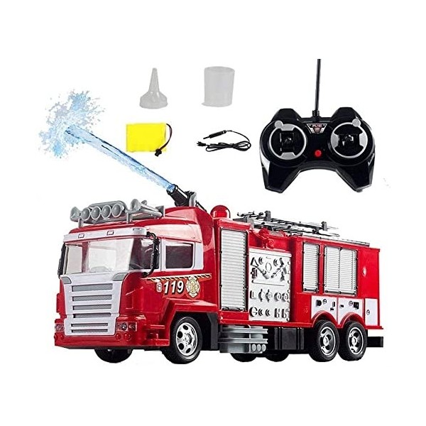 WANIYA1 Pulvérisation deau à un bouton Rc Camion de pompiers 2.4GHz sans fil rechargeable télécommande voiture de feu cligno