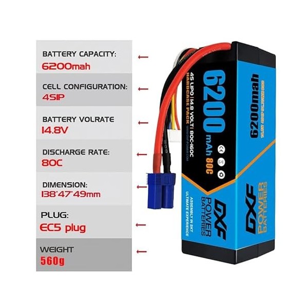 DXF 4S Lipo Batterie 6200mAh 14,8V 80C 4S Coque Dure Batterie avec connecteur EC5 pour FPV Racing Drones Vélo de Route Quadco