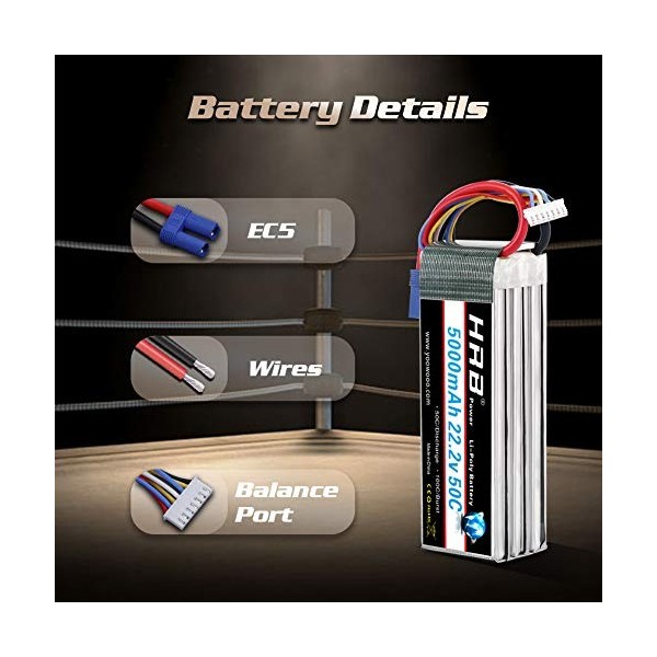 HRB RC Batterie Lipo 5000mAh 22.2V 50C 6S pour RC Hélicoptère Truck Bateau Voiture EC5 