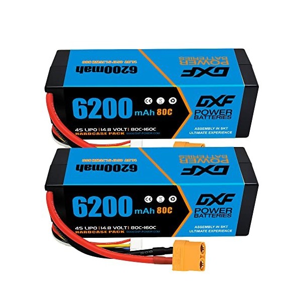 DXF Lipo 4S Batterie XT90 14.8V 80C 6200mAh Batterie Rigide avec Prise XT90 pour véhicules RC 1/8 et 1/10 Voiture RC Buggy Tr