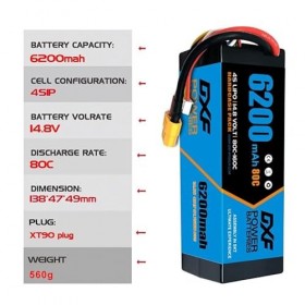DXF Lipo 4S Batterie XT90 14.8V 80C 6200mAh Batterie Rigide avec Prise XT90 pour véhicules RC 1/8 et 1/10 Voiture RC Buggy Tr