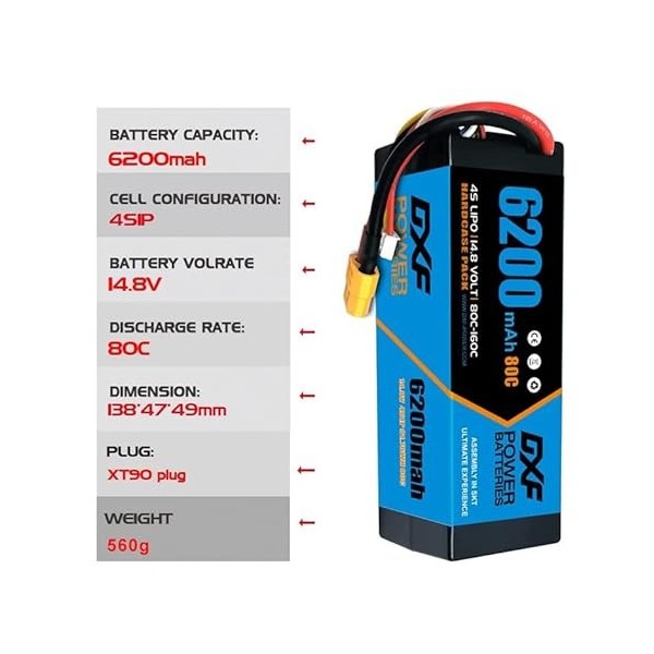 DXF Lipo 4S Batterie XT90 14.8V 80C 6200mAh Batterie Rigide avec Prise XT90 pour véhicules RC 1/8 et 1/10 Voiture RC Buggy Tr