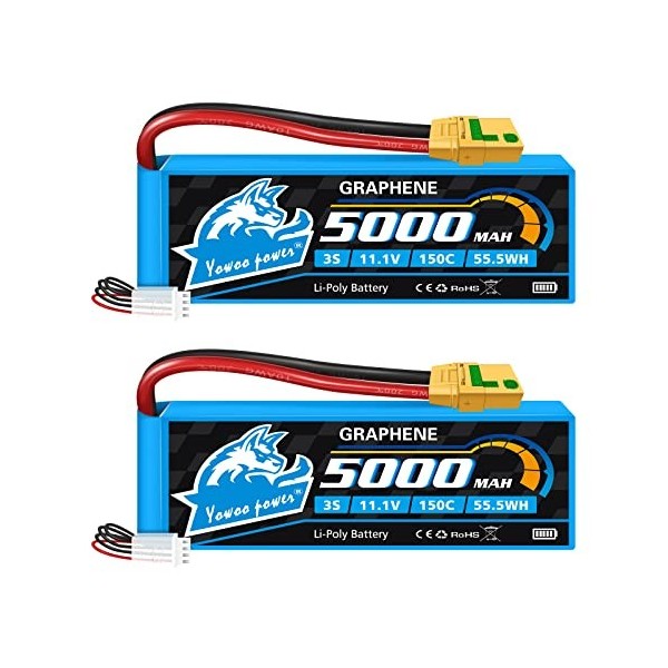 Yowoo 2 Pack 3S Lipo Batterie 5000mAh 150C 11,1V Graphène RC Batterie avec XT90S Connecteur pour 1/8 Proportional Vehicles Sl