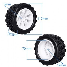 CrazyHobby Roues et pneus hexagonaux de camion RC de 7,1 cm et 12 mm à léchelle 1/10 RC Monster Truck pré-collés et jantes a