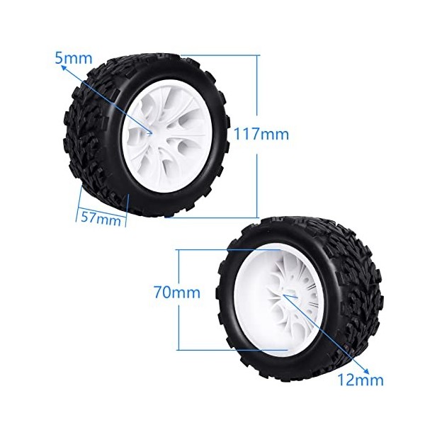 CrazyHobby Roues et pneus hexagonaux de camion RC de 7,1 cm et 12 mm à léchelle 1/10 RC Monster Truck pré-collés et jantes a