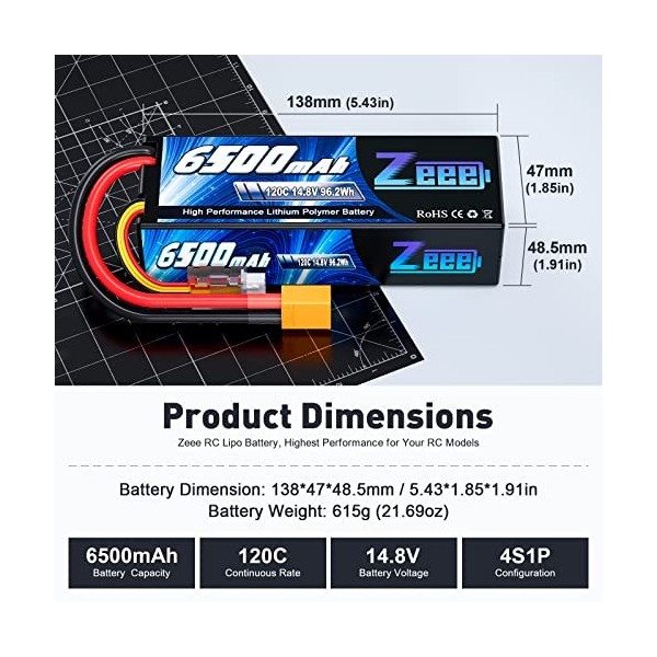 Zeee 4S Lipo Batterie 14,8V 120C 6500 mAh avec Prise XT90 RC Batterie Hardcase pour RC Voiture Camion réservoir Buggy Truggy 