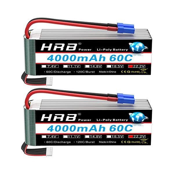 HRB Lipo Batterie 6S 22.2V 4000mAh 60C avec EC5 Plug pour RC Quadcopter Hélicoptère Voiture Camion Bateau Hobby（2pcs）