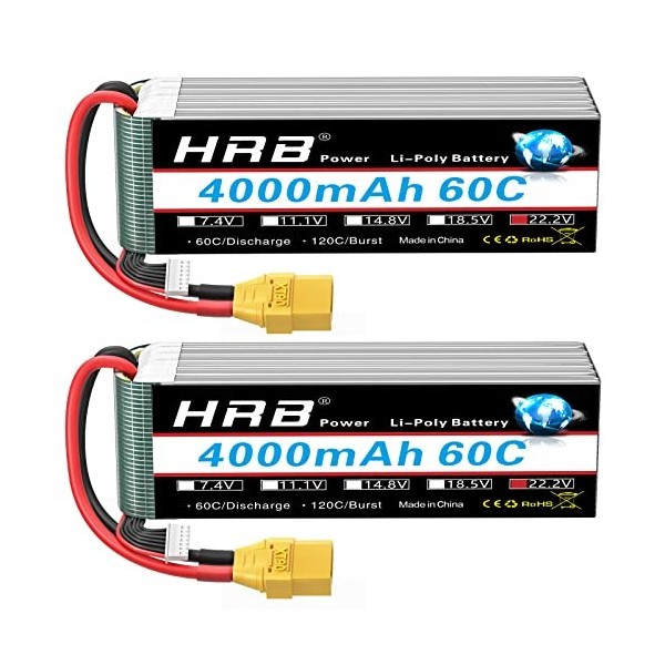 HRB 2PCS 6S 22.2V 4000mAh 60C Lipo Batterie avec XT90 Plug pour RC Hélicoptère Avion Voiture Bateau Camion XT90 Plug 