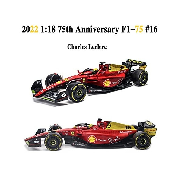 HTLNUZD Bburago 2022 1/18 F1-75 16 Charles Leclerc 75e anniversaire Formule 1 en alliage statique moulé sous pression 1:18 V