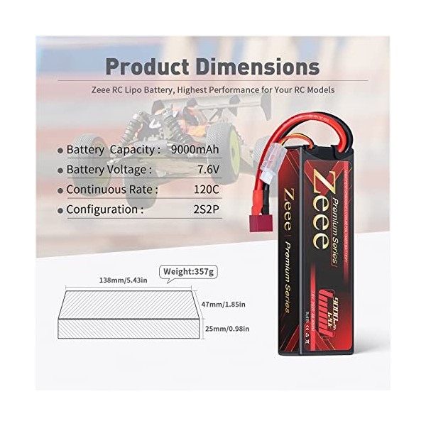 Zeee 2S Lipo Batterie Premium Series 9000mAh 7,6V 120C Batterie à Coque Dure avec Prise Deans Batterie Haute Tension pour Véh