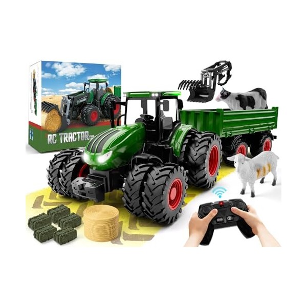 Remote Control Tractor Toy, Kids RC Tractor Set & Truck and Trailer Front Loader - Metal Car Head/8 Wheel/ Light, Toddlers Fa