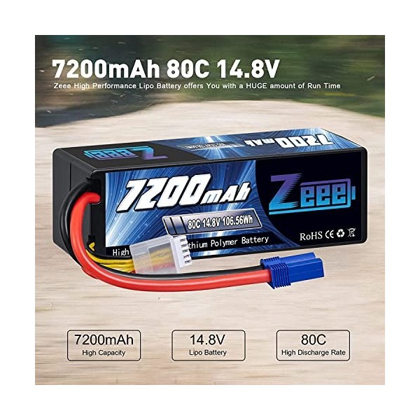 Zeee 4S Lipo Batterie 14,8V 80C 7200mAh Coque Rigide Batterie RC avec connecteur EC5 pour RC Car Truck Tank Buggy Truggy RC R