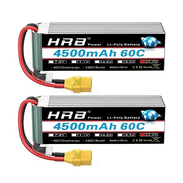 HRB 6S Lipo Batterie Lipo 22,2 V 4500 mAh 60 C avec fiche XT90 Batterie de classe A+ pour voiture RC avion, buggy hélicoptère