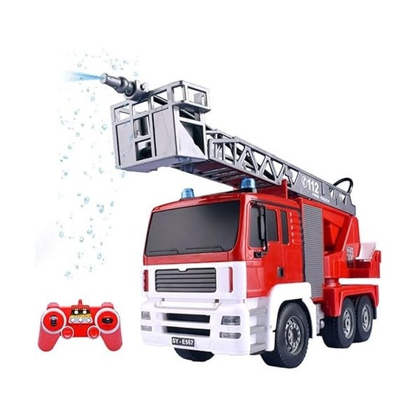 BUNCC Véhicule dingénierie RC rechargeable 2.4G 1/20 Camion de pompier télécommandé à une touche avec pulvérisation deau, c