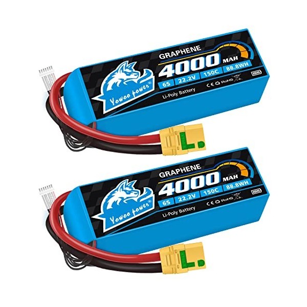 Yowoo 6S Lipo Batterie 22.2v 4000mah 150C Batterie Graphène avec Connecteur Coupe - Feu XT90S pour RC Quadcopter hélicoptère 