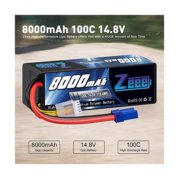 Zeee 4S Lipo Batterie 14,8V 100C 8000mAh avec Prise EC5 Coque Rigide Batterie RC pour Voiture Camion réservoir RC Buggy Trugg