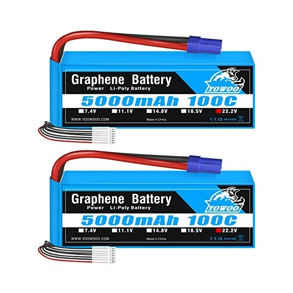 Yowoo Lot de 2 batteries Lipo 6S 5000 mAh 100 C 22,2 V Graphène Lipo avec fiche EC5 pour RC DJI EDF avion quadcopter hélicopt