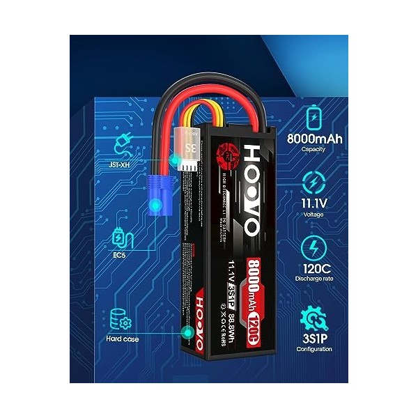 HOOVO Batterie Lipo 3S 11,1 V 8000 mAh 120 C avec boîtier Rigide avec connecteur EC5 pour hélicoptère, véhicules, Voitures, c