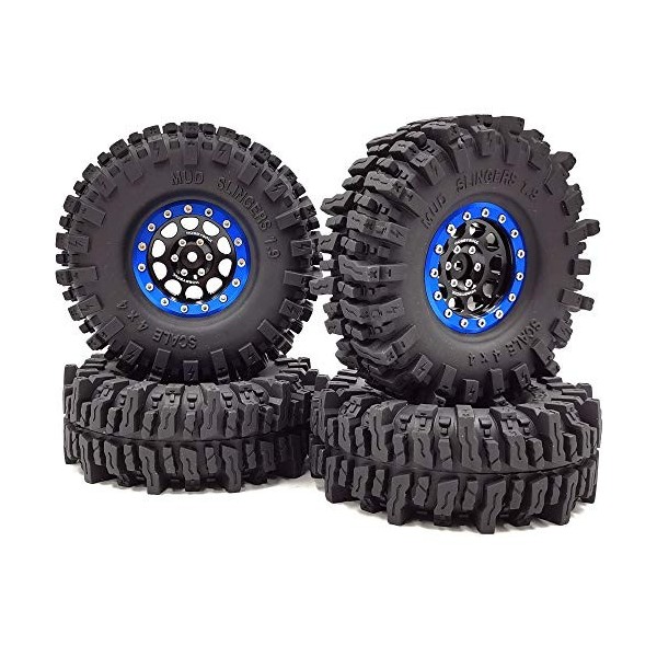 HOBBYSOUL RC 1.9 Mud Slingers Pneus Hauteur OD 120 mm Montés sur des roues en aluminium 1.9 Beadlock Jantes argentées, noir