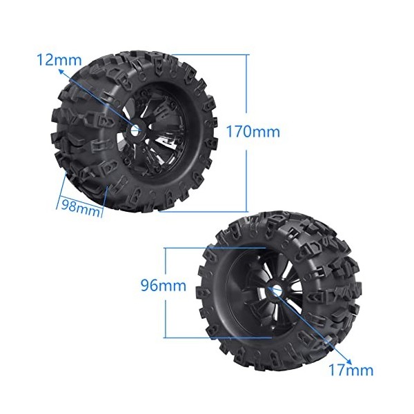 AllinRC Lot de 4 pneus et roues RC de 17 mm de hauteur, moyeux hexagonaux pré-collés montés pour Traxxas Maxx Tmaxx E Revo Re