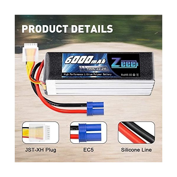 Zeee 6S Lipo Batterie 22.2V 100C 6000mAh avec EC5 Connecteur Coque Souple RC Batterie pour RC Camion RC Voiture RC Avion RC B