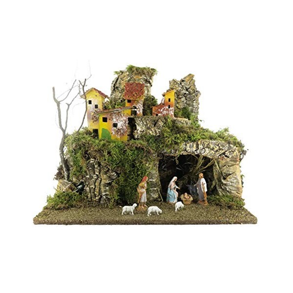 Village de Crèche Complet avec Maisons, Lumières et Figurines de 6,5 cm, Bois, 38x28x30 cm