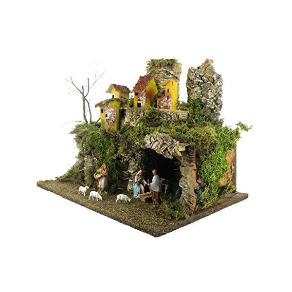 Village de Crèche Complet avec Maisons, Lumières et Figurines de 6,5 cm, Bois, 38x28x30 cm