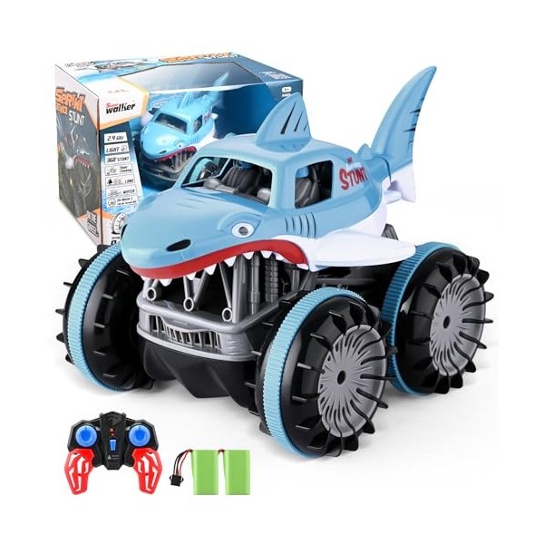 SMAUTOP 1:14 Voiture télécommandée Tout Terrain Amphibie,4WD 360°Rotation Stunt Car Offroad RC Véhicule avec LED, 2.4GHz Voit