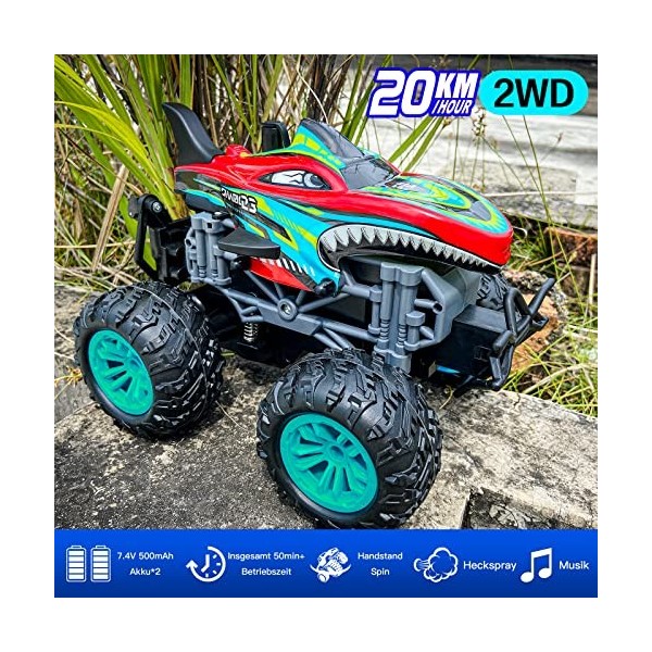 ACAMMZAR Voiture Télécommandée, 2.4GHz 20Km/h Tout Terrain RC Monster Truck avec 2 Batteries 50 Min+, Jouets RC Car avec LED 