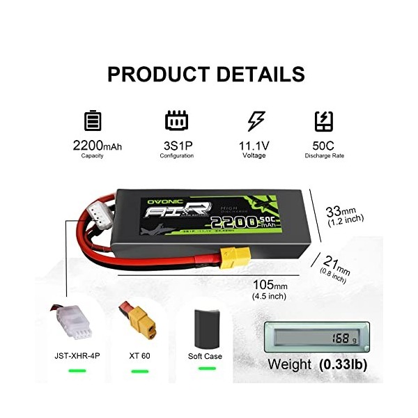 OVONIC Lipo Batterie 3s 11.1V 2200mAh 50C avec XT60 pour RC Evader BX Voiture RC Camion RC Truggy RC Avion UAV Drone FPV 2 P