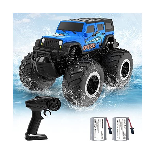 ACAMMZAR Voiture Télécommandée Tout Terrain Amphibie, 2.4GHz 4WD 360° Rotation étanche Double Côté Monster Truck pour Garçons