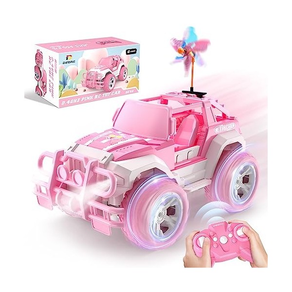 DEERC 1:18 Jeep Rose Voiture télécommandée Fille Phare LED 2.4GHz Monster Truck Voiture Tout-Terrain pour 6 7 8 9 Ans Garçons