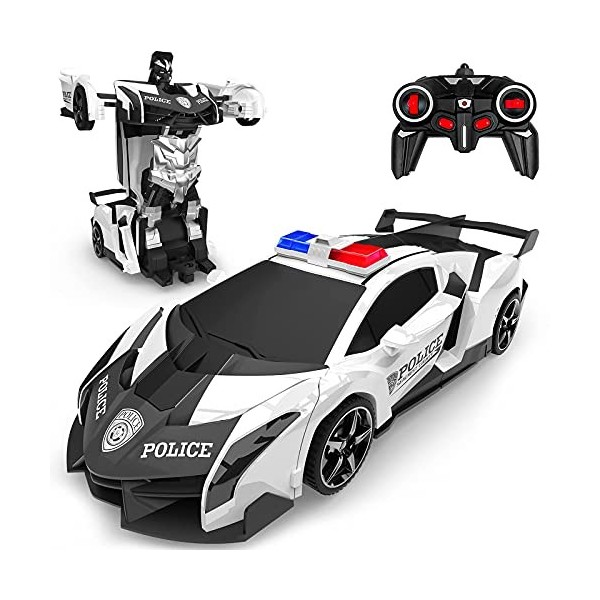 Baztoy Voiture Télécommandée - 2 en 1 Robot Jouets Transformable RC 2.4GHz Voiture Police Radiocommande avec 360°Rotation Rec