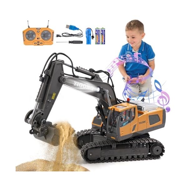 Daioller Télécommande Excavateur Jouets pour Enfants,Rechargeable RC Pelleteuse avec Pelle Métallique,Véhicules de Constructi