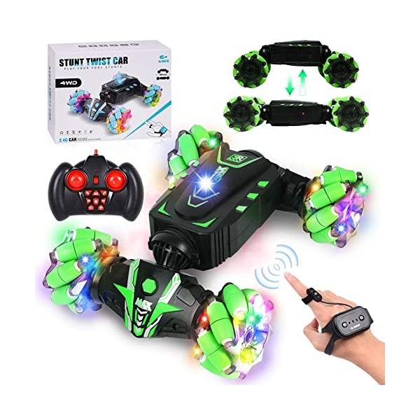 Herenear Voiture Télécommandée avec Commande Gestuelle, 2.4GHz Voiture Radiocommandee avec LED 4WD, 360° Rotation RC Auto Stu