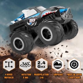 Hereneer Voiture Télécommandée Amphibie, 4WD Tout-Terrain Télécommandée, 360°Rotation Camion Cascadeuse avec 2 Batteries, Cad